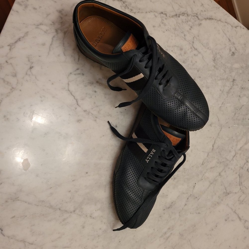 Men's Bally Dark Blue Leather Mesh Sneakers, Size 10.5